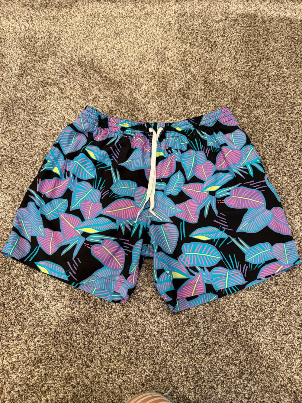 chubbies Black Swim Shorts with Blue, Purple & Teal Leaf Print